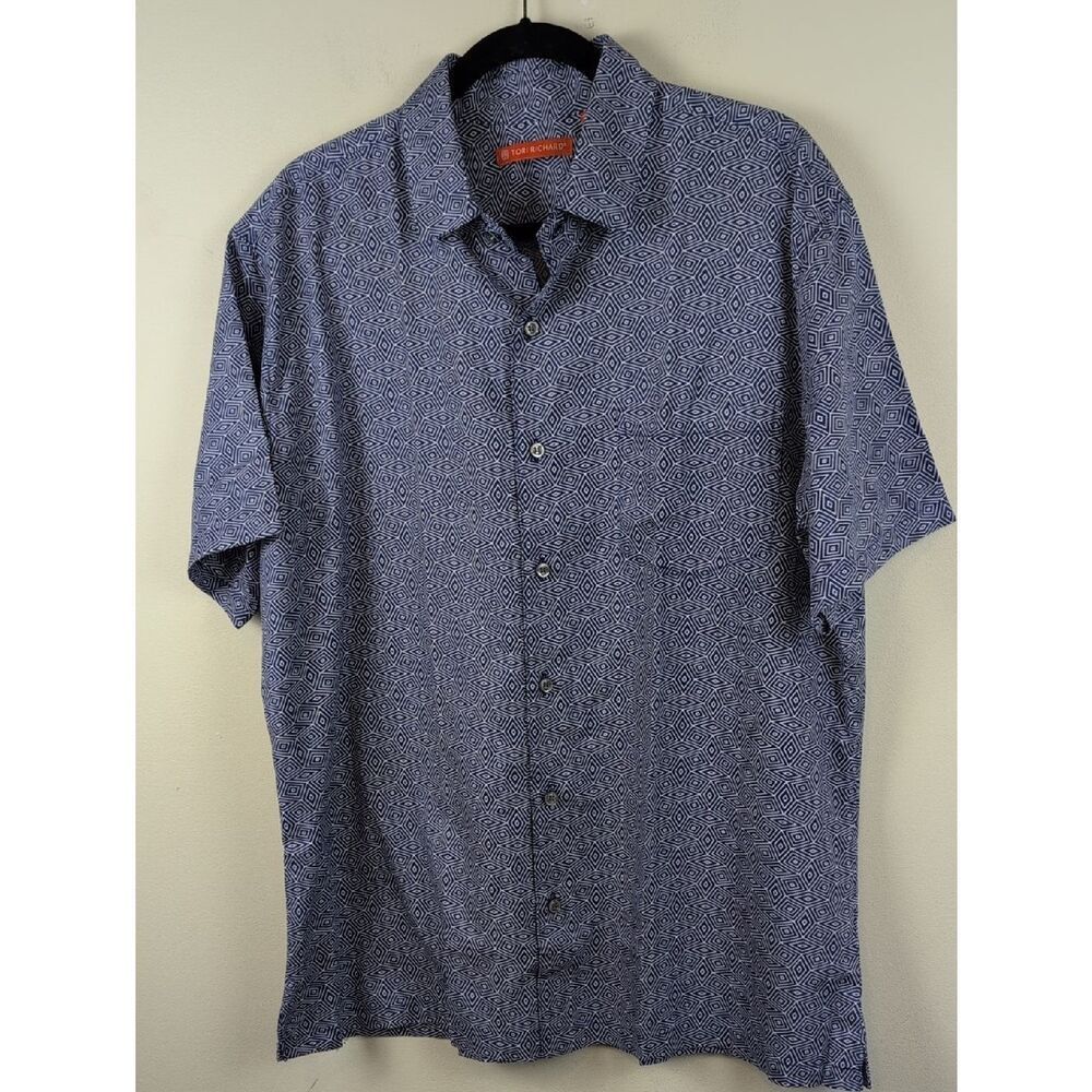 Tori Richard Blue Geometric Short-Sleeve Button-Up Dobby Cotton Shirt Size XL